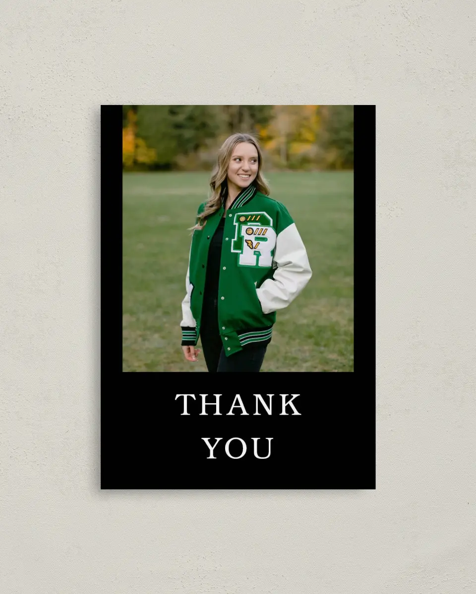 This is a 4" x 5.6" Graduation Thank You Postcard called Proud Moments printed in full color on Soft Touch Finish paper