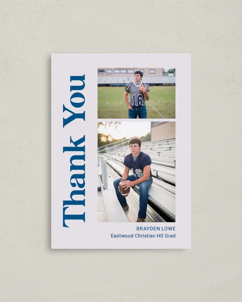 This is a 4" x 5.6" Graduation Thank You Postcard called Side of Success printed in full color on Soft Touch Finish paper