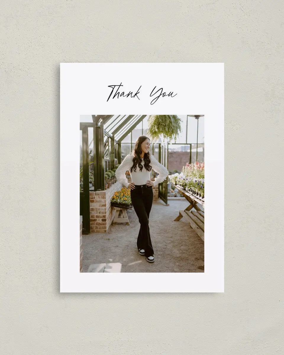 This is a 4" x 5.6" Graduation Thank You Postcard called Timeless Graduate printed in full color on Soft Touch Finish paper