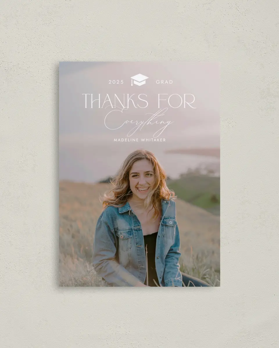 This is a 4" x 5.6" Graduation Thank You Postcard called Crowning Moment printed in full color with Rose Gold foil on Soft Touch Finish paper