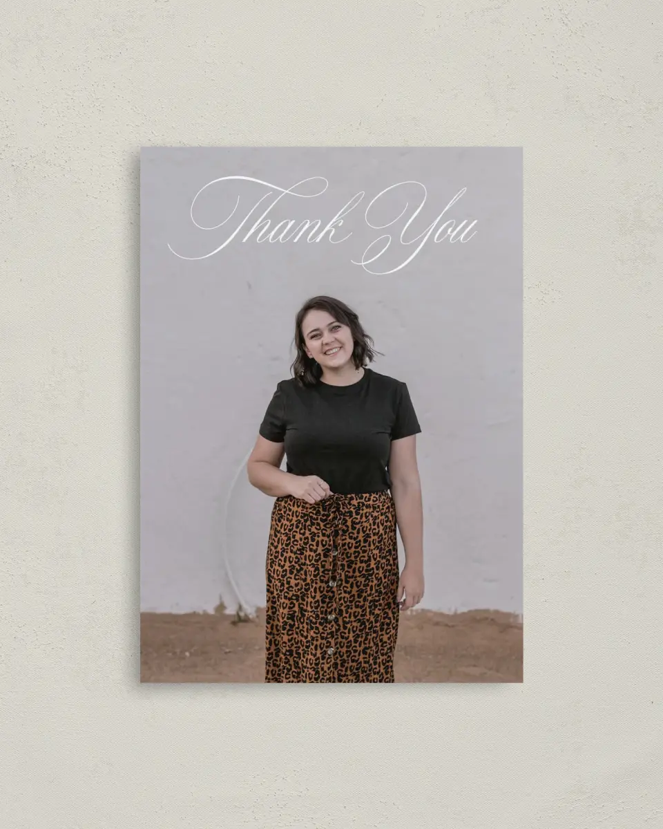 This is a 4" x 5.6" Graduation Thank You Postcard called Class Elegance printed in full color with Rose Gold foil on Soft Touch Finish paper