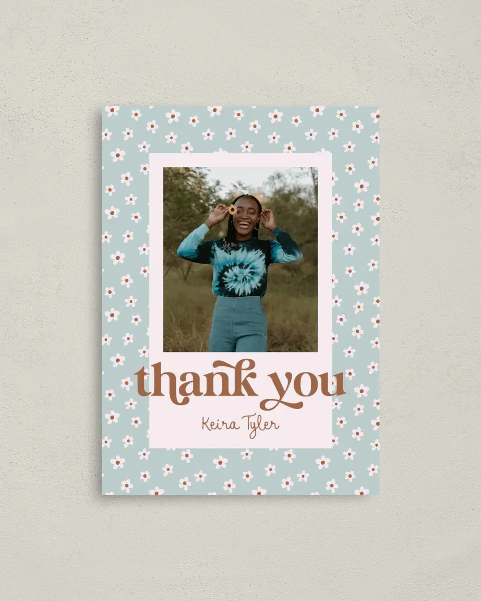 This is a 4" x 5.6" Graduation Thank You Postcard called Demure Daisies printed in full color on Soft Touch Finish paper