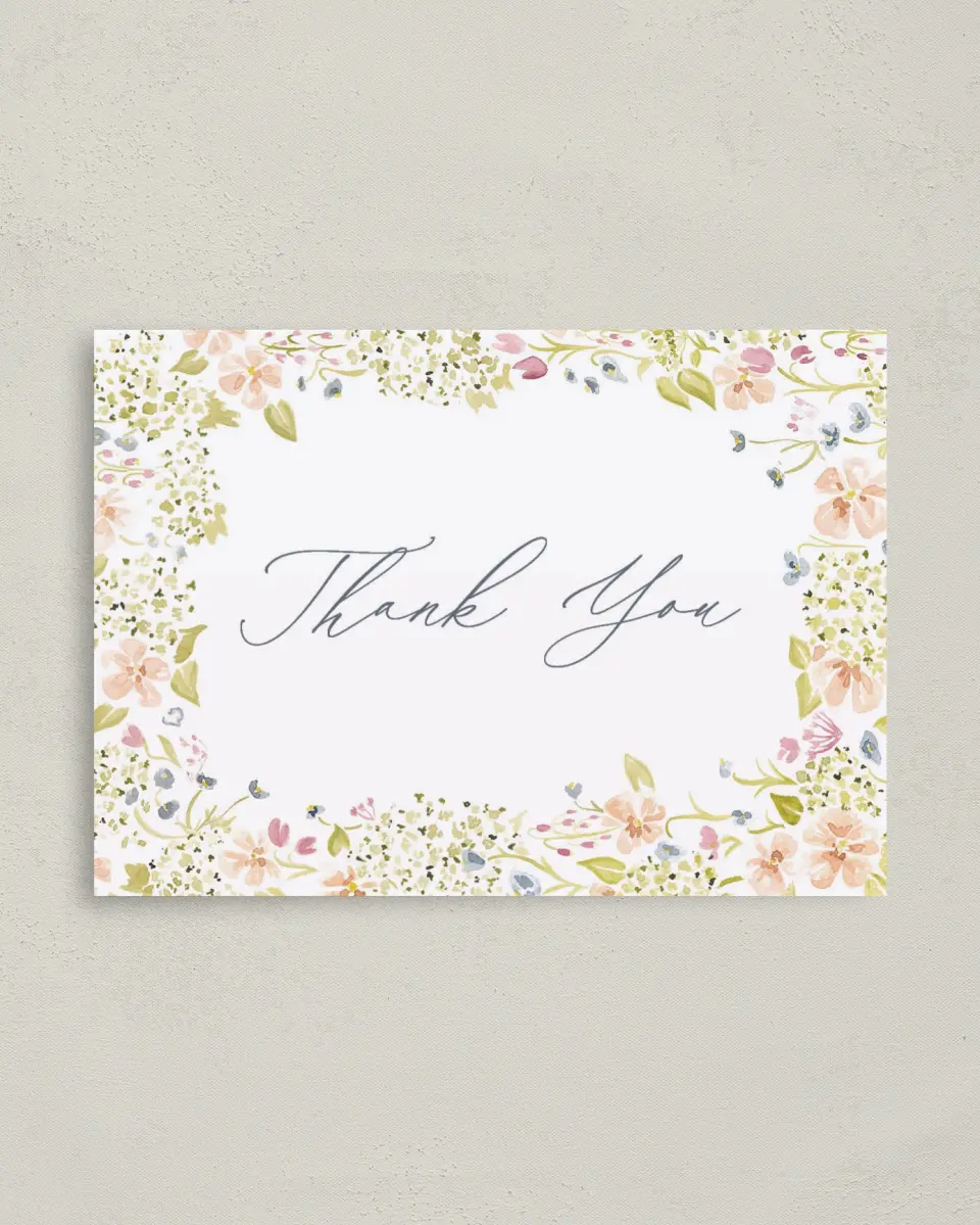This is a 4" x 5.6" Graduation Thank You Postcard called Blooming Bright printed in full color with Rose Gold foil on Soft Touch Finish paper
