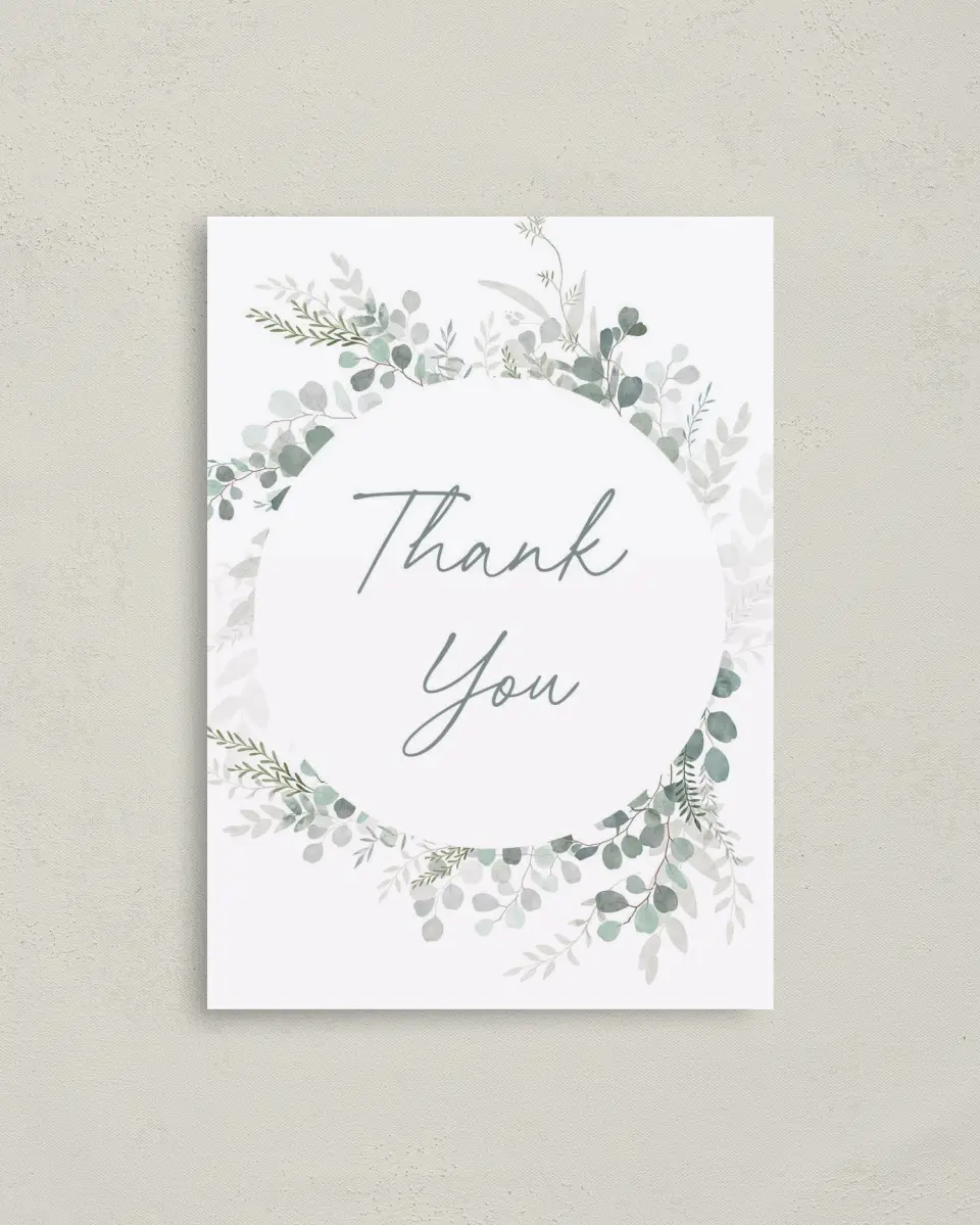 This is a 4" x 5.6" Graduation Thank You Postcard called Grad Greenery printed in full color with Rose Gold foil on Soft Touch Finish paper