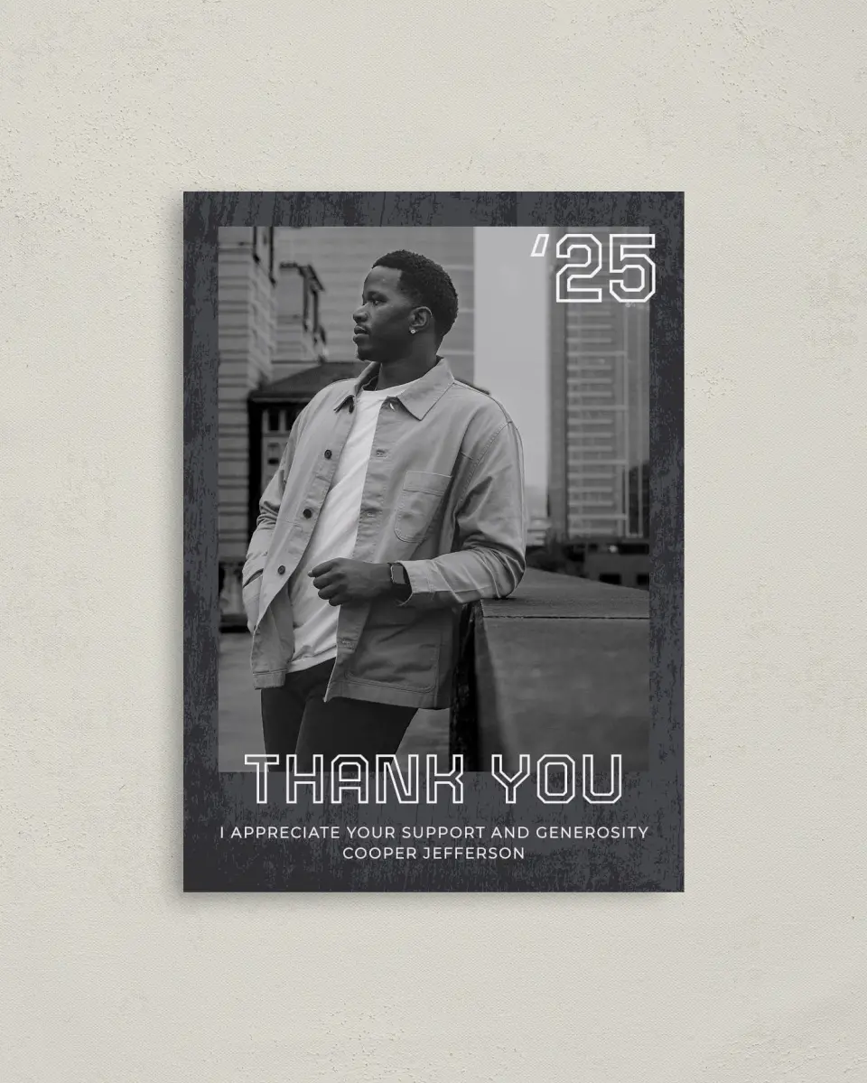 This is a 4" x 5.6" Graduation Thank You Postcard called Future Forward printed in full color on Soft Touch Finish paper