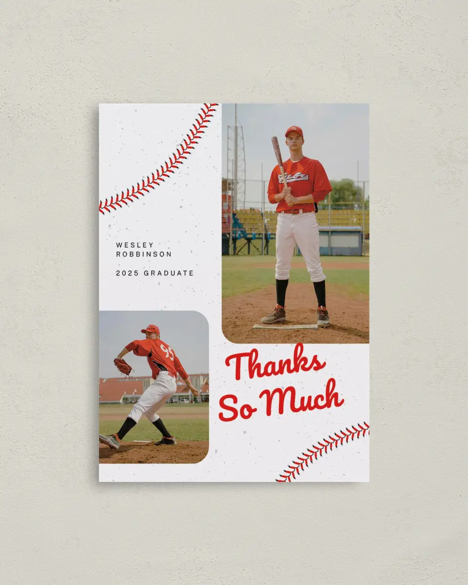 This is a 4" x 5.6" Graduation Thank You Postcard called Homerun Hero printed in full color on Soft Touch Finish paper