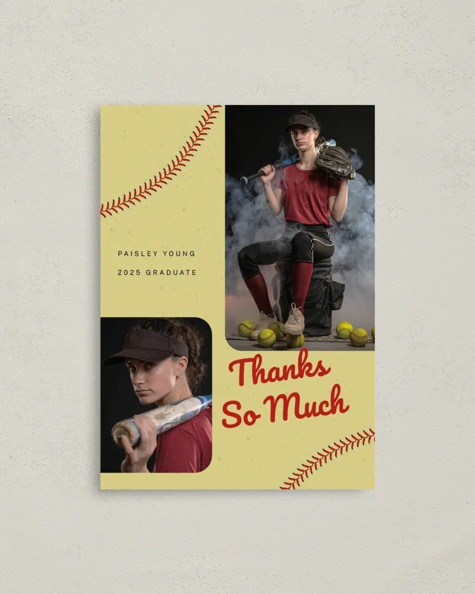 This is a 4" x 5.6" Graduation Thank You Postcard called Softball Slugger printed in full color on Soft Touch Finish paper