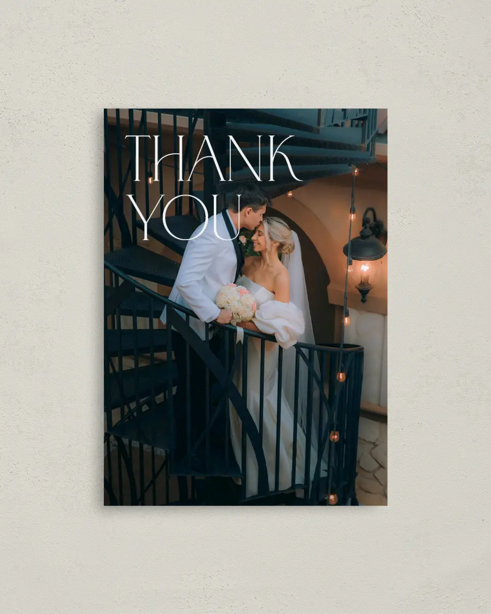 This is a 4" x 5.6" Thank You Postcard called The Mila printed in full color with Gold foil on Soft Touch Finish paper