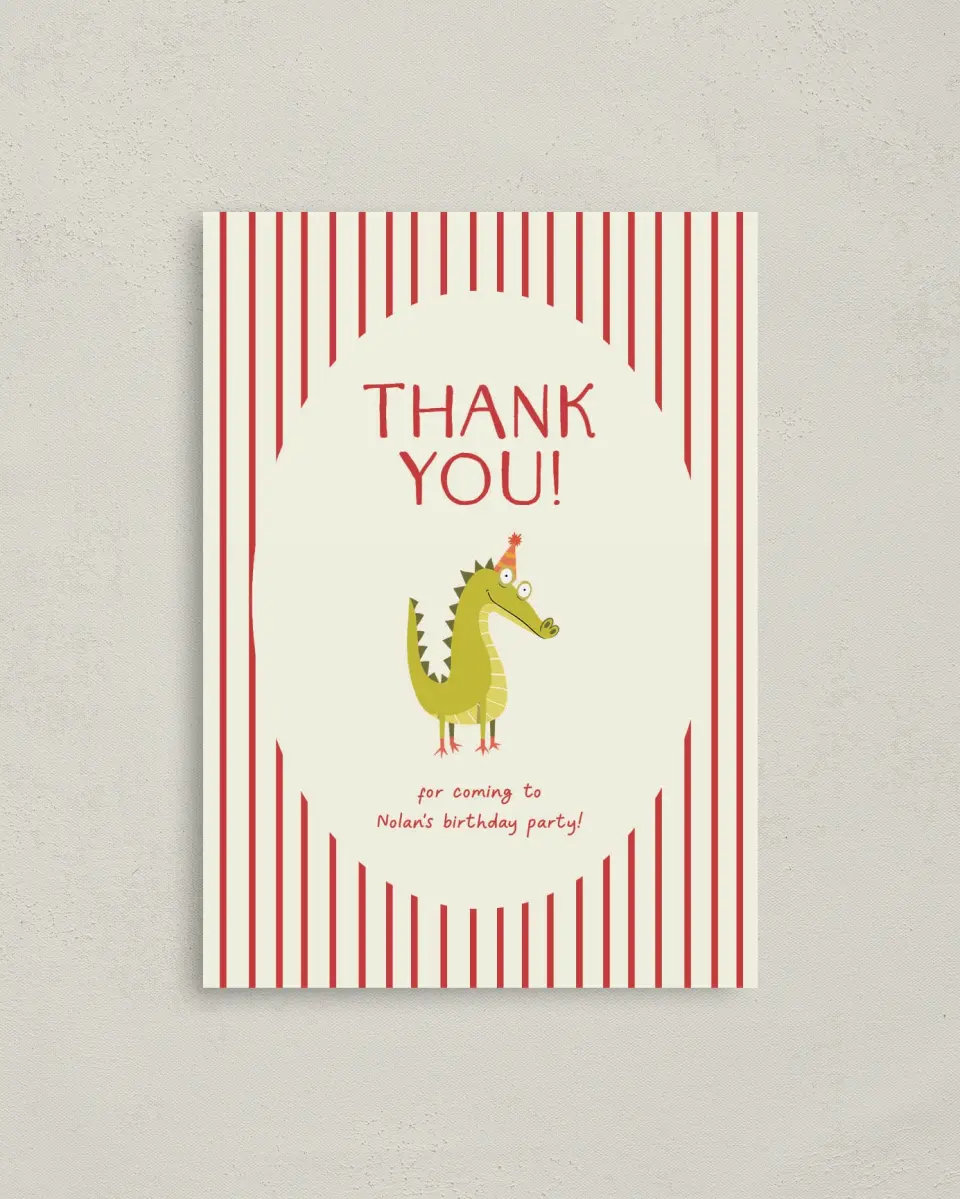 This is a 4" x 5.6" Thank You Card called Snappin Birthday printed in full color on Soft Touch Finish paper