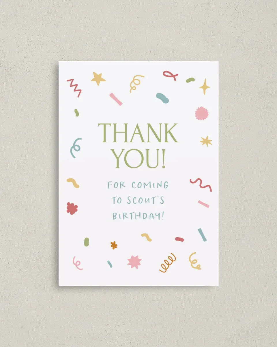 This is a 4" x 5.6" Thank You Card called Hip Hip Hooray! printed in full color on Soft Touch Finish paper