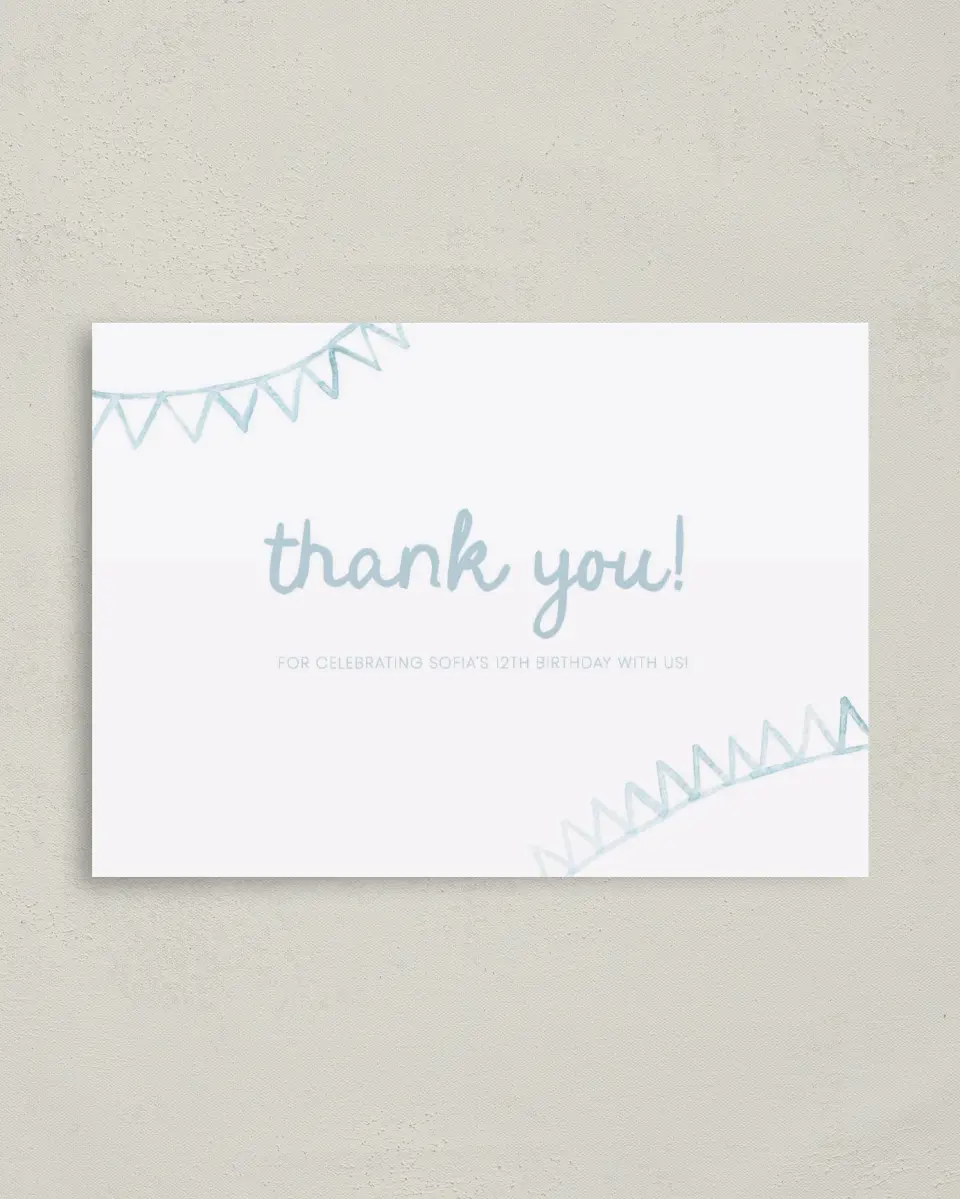 This is a 4" x 5.6" Thank You Card called Pool Party printed in full color on Soft Touch Finish paper
