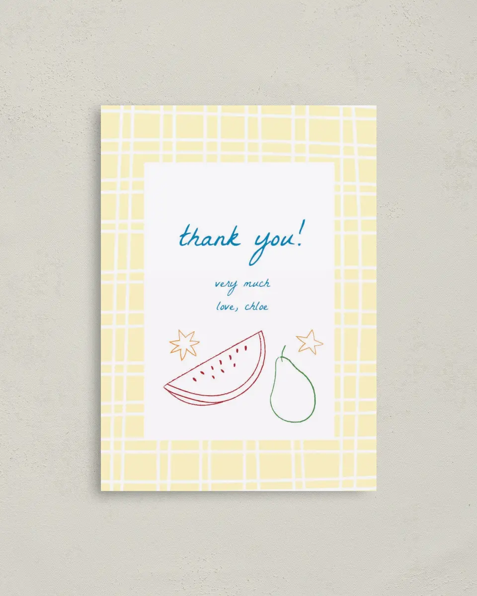 This is a 4" x 5.6" Thank You Card called Park Picnic printed in full color on Soft Touch Finish paper