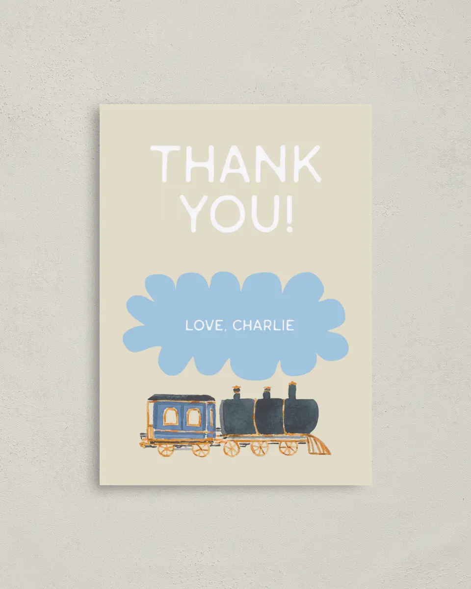 This is a 4" x 5.6" Thank You Card called All Aboard printed in full color on Soft Touch Finish paper