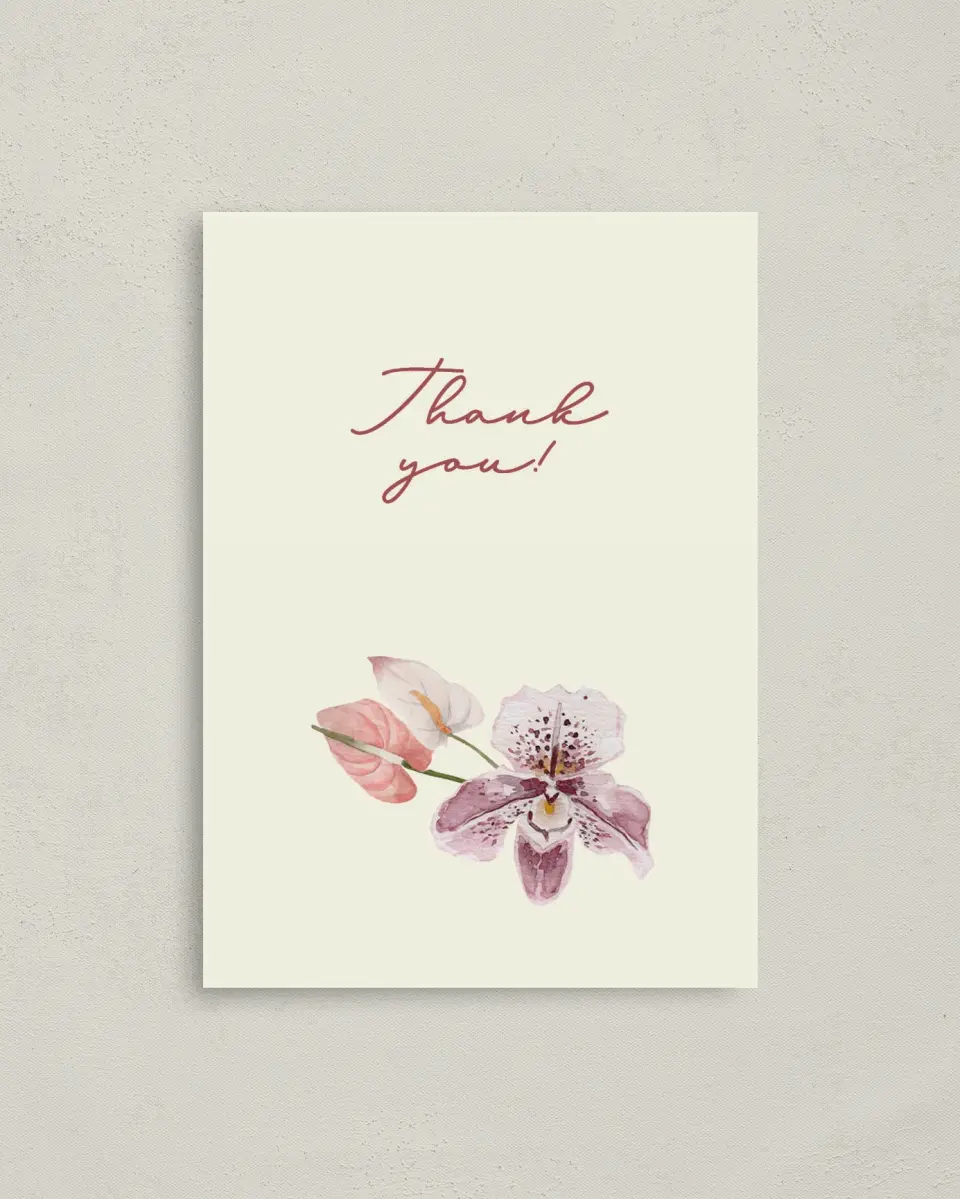 This is a 4" x 5.6" Newlywed called Orchid Oasis printed in full color on Soft Touch Finish paper