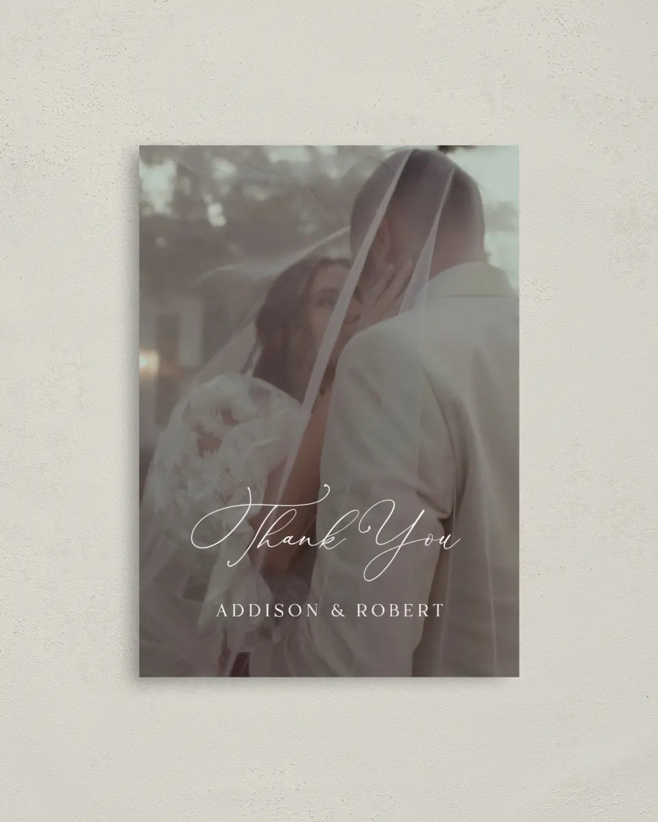 This is a 4" x 5.6" Thank You Postcard called The Addison printed in full color with Gold foil on Soft Touch Finish paper