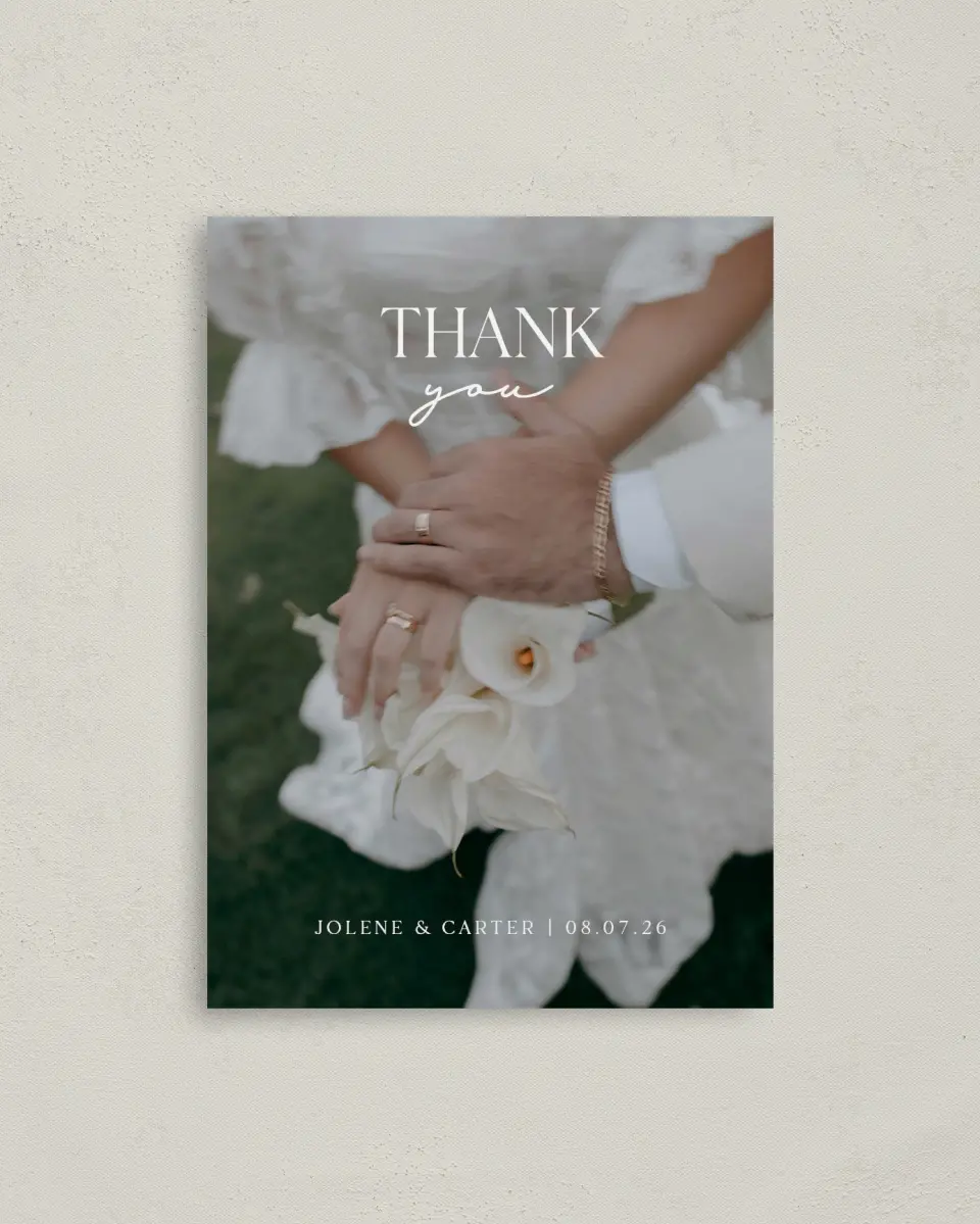 This is a 4" x 5.6" Thank You Postcard called The Jolene printed in full color with Gold foil on Soft Touch Finish paper