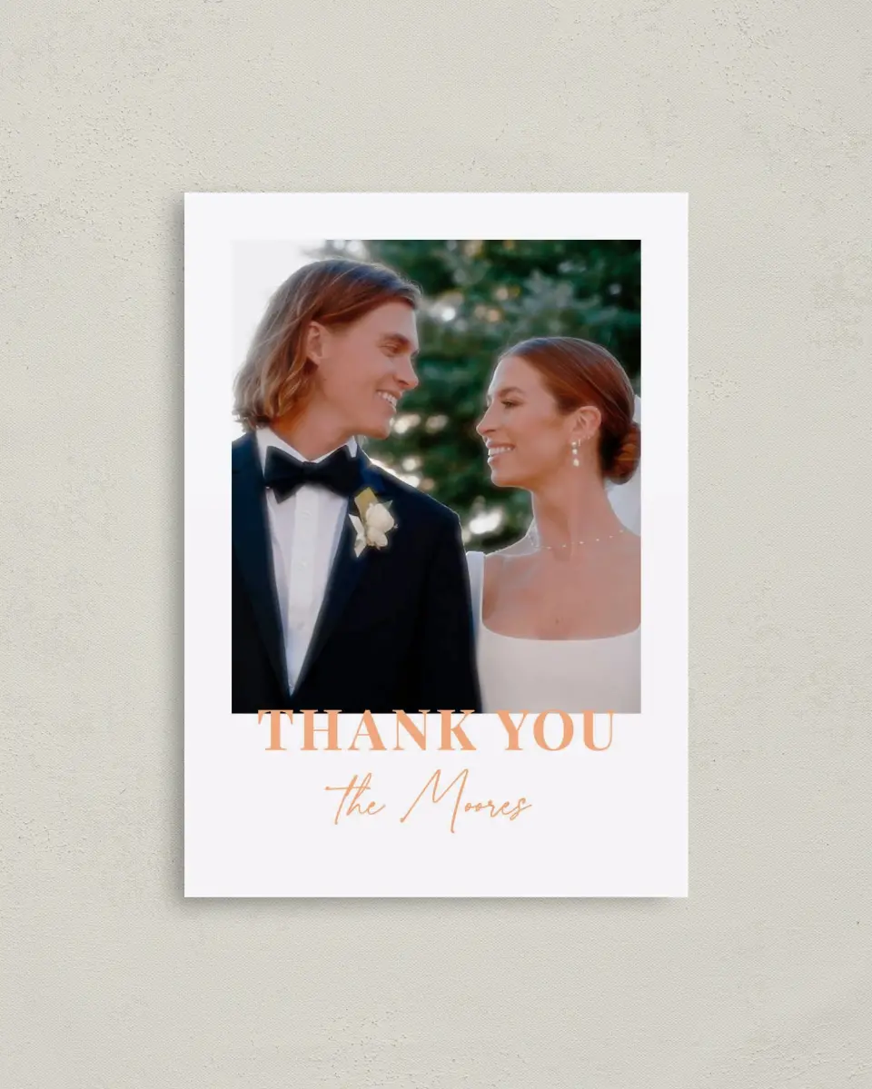 This is a 4" x 5.6" Thank You Postcard called The Jess printed in full color with Gold foil on Soft Touch Finish paper