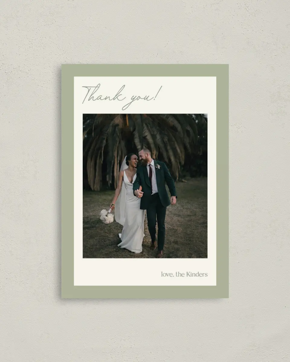 This is a 4" x 5.6" Thank You Postcard called The Penelope printed in full color with Gold foil on Soft Touch Finish paper