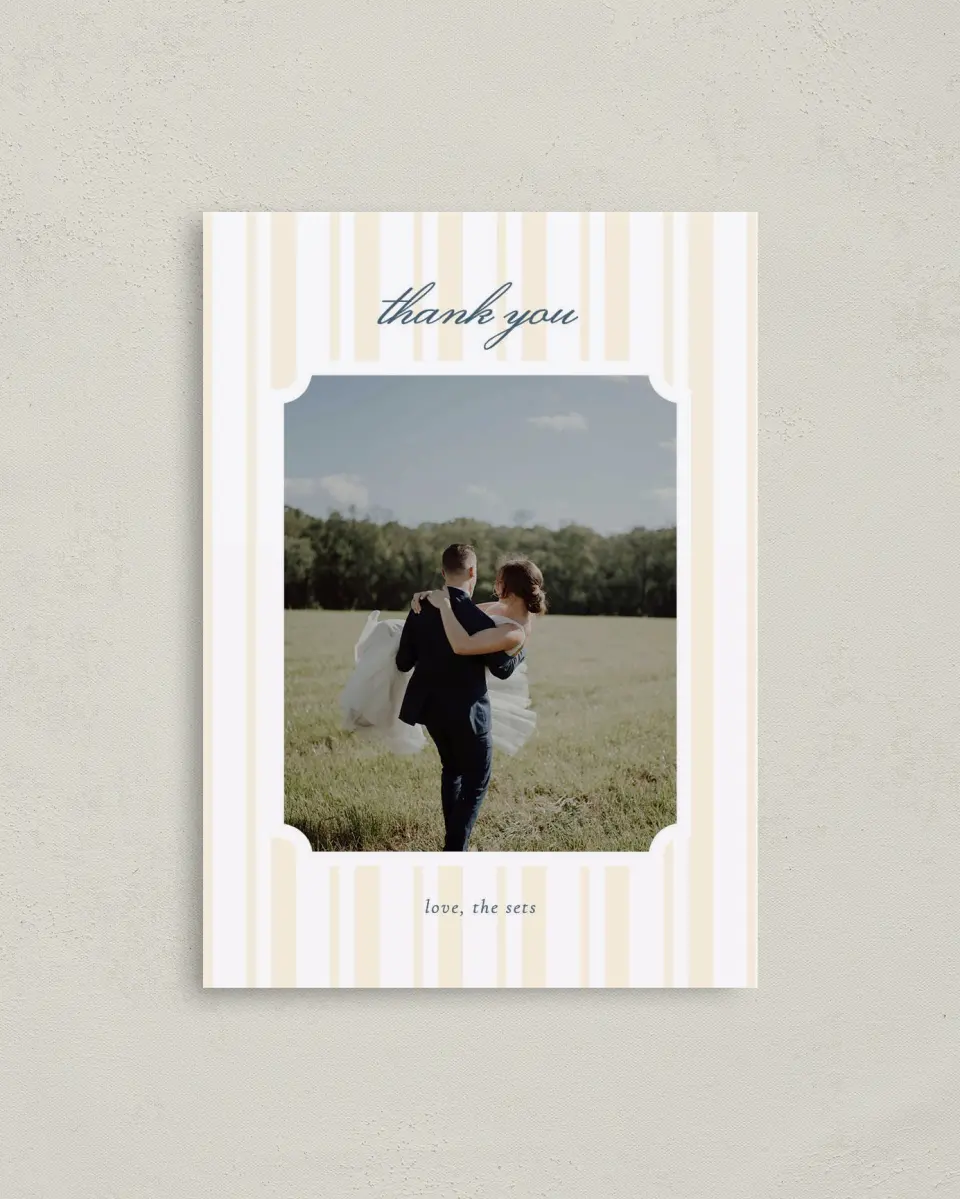 This is a 4" x 5.6" Thank You Postcard called The Georgia printed in full color with Gold foil on Soft Touch Finish paper