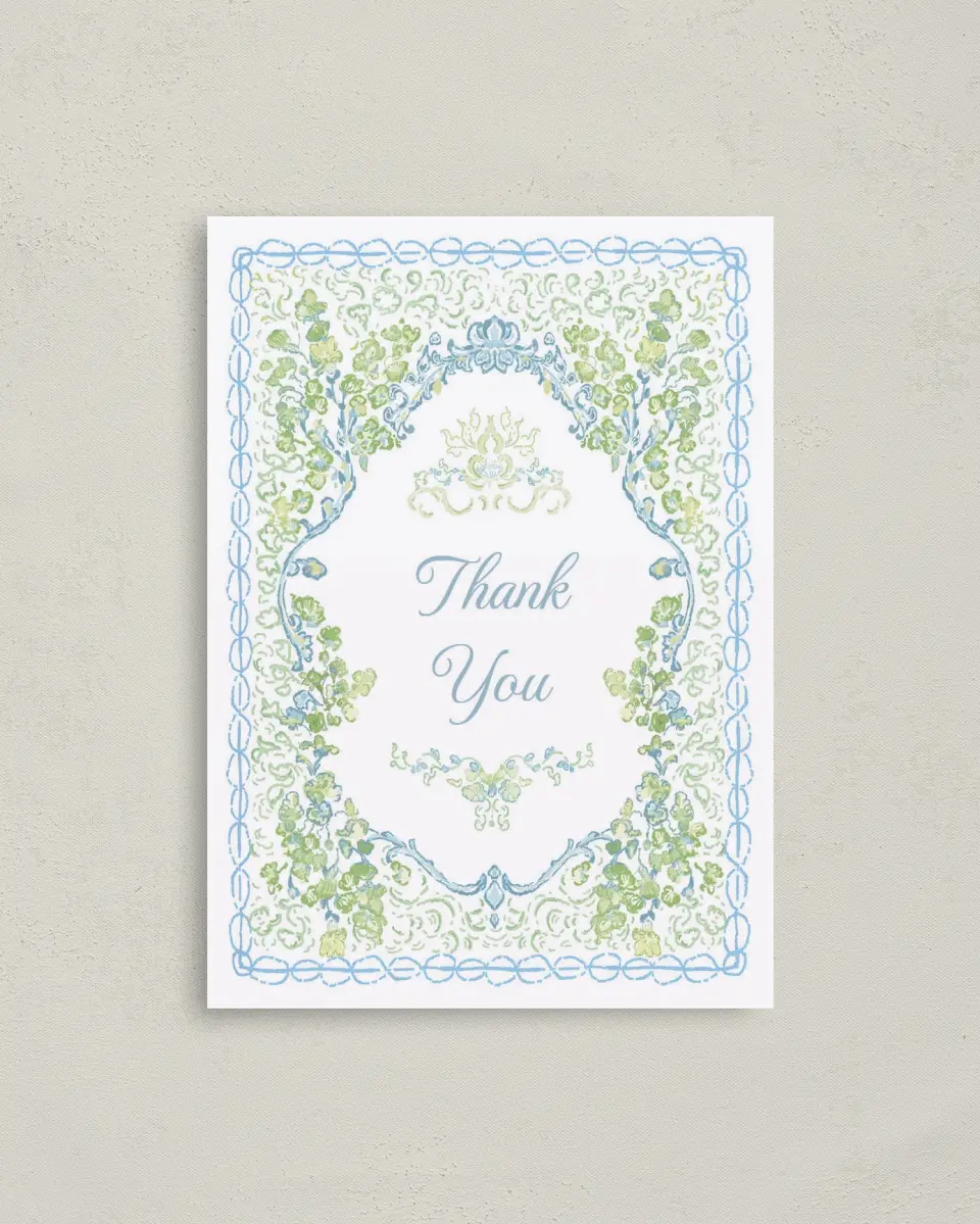 This is a 4" x 5.6" Graduation Thank You Postcard called Elegant Vines printed in full color on Soft Touch Finish paper