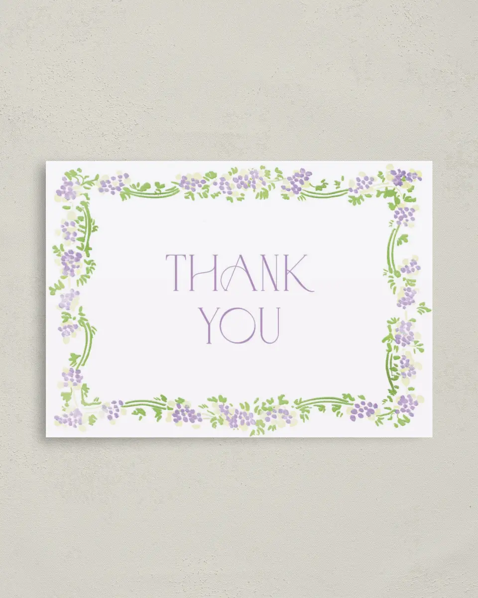 This is a 4" x 5.6" Newlywed called Lavender Bloom printed in full color on Soft Touch Finish paper
