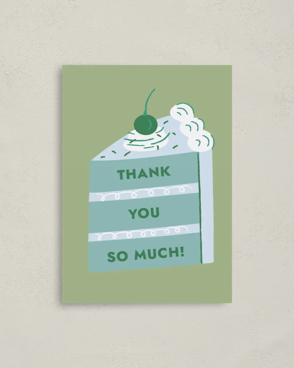 This is a 4" x 5.6" Thank You Card called Slice of Fun printed in full color on Soft Touch Finish paper