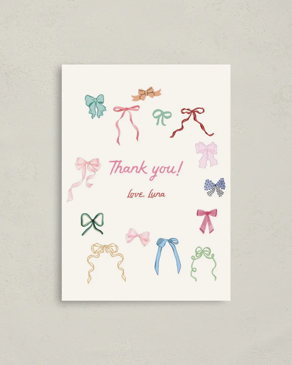 This is a 4" x 5.6" Thank You Card called Bow Birthday printed in full color on Soft Touch Finish paper