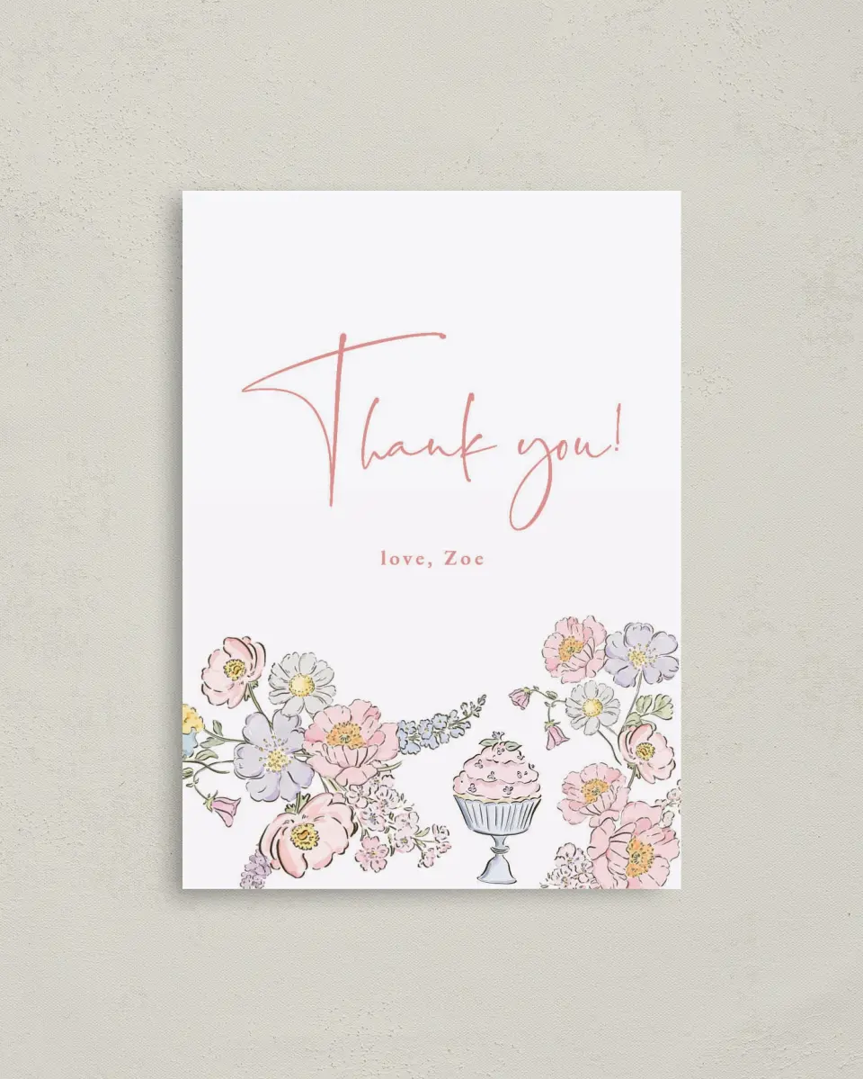 This is a 4" x 5.6" Thank You Card called Sweet Flowers printed in full color on Soft Touch Finish paper