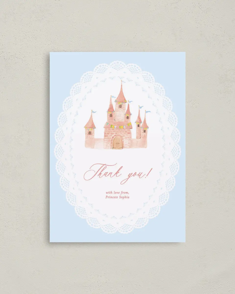 This is a 4" x 5.6" Thank You Card called Princess Castle printed in full color on Soft Touch Finish paper