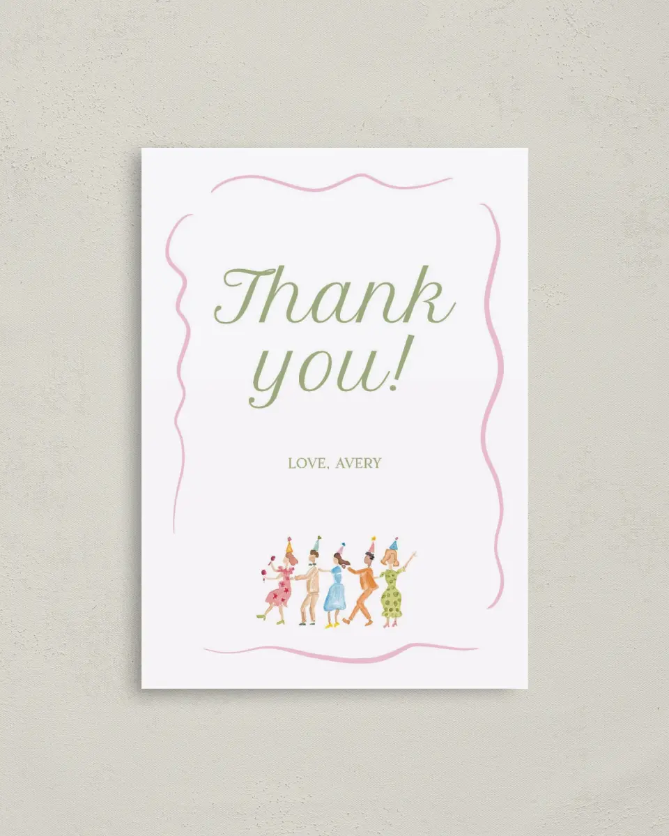 This is a 4" x 5.6" Thank You Card called Dance Party printed in full color on Soft Touch Finish paper