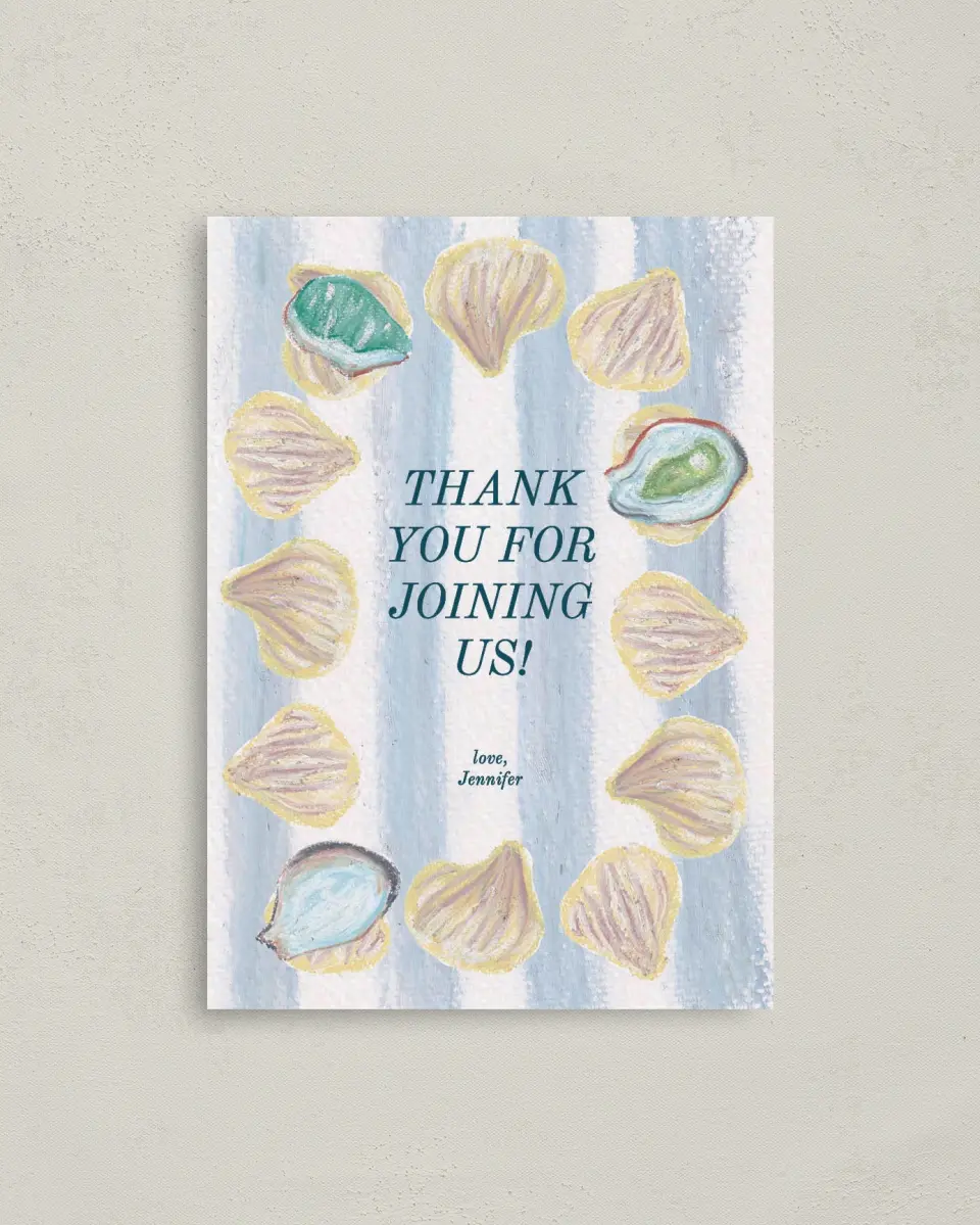 This is a 4" x 5.6" Thank You Card called Shucking Party printed in full color on Soft Touch Finish paper