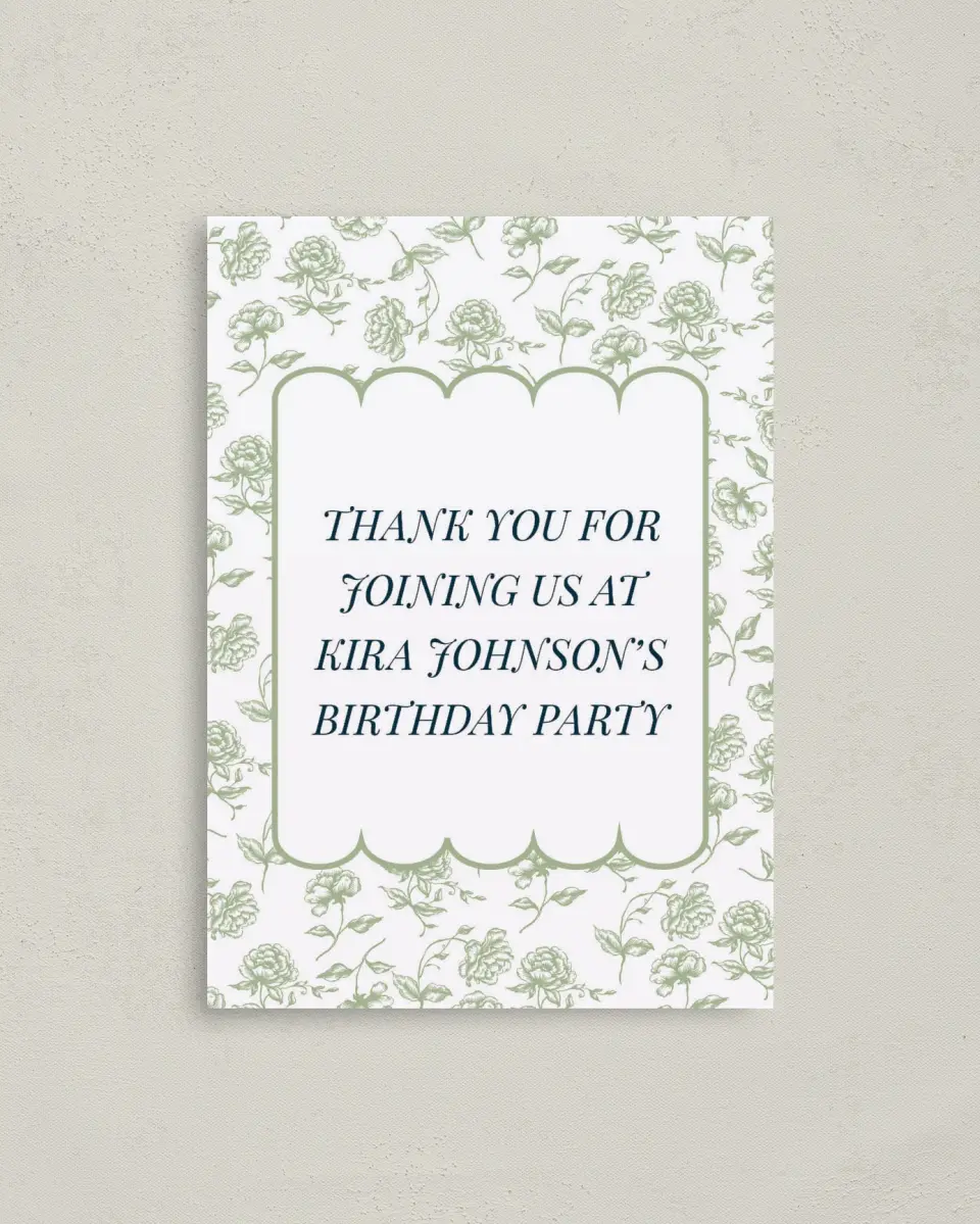 This is a 4" x 5.6" Thank You Card called Floral Scallops printed in full color on Soft Touch Finish paper