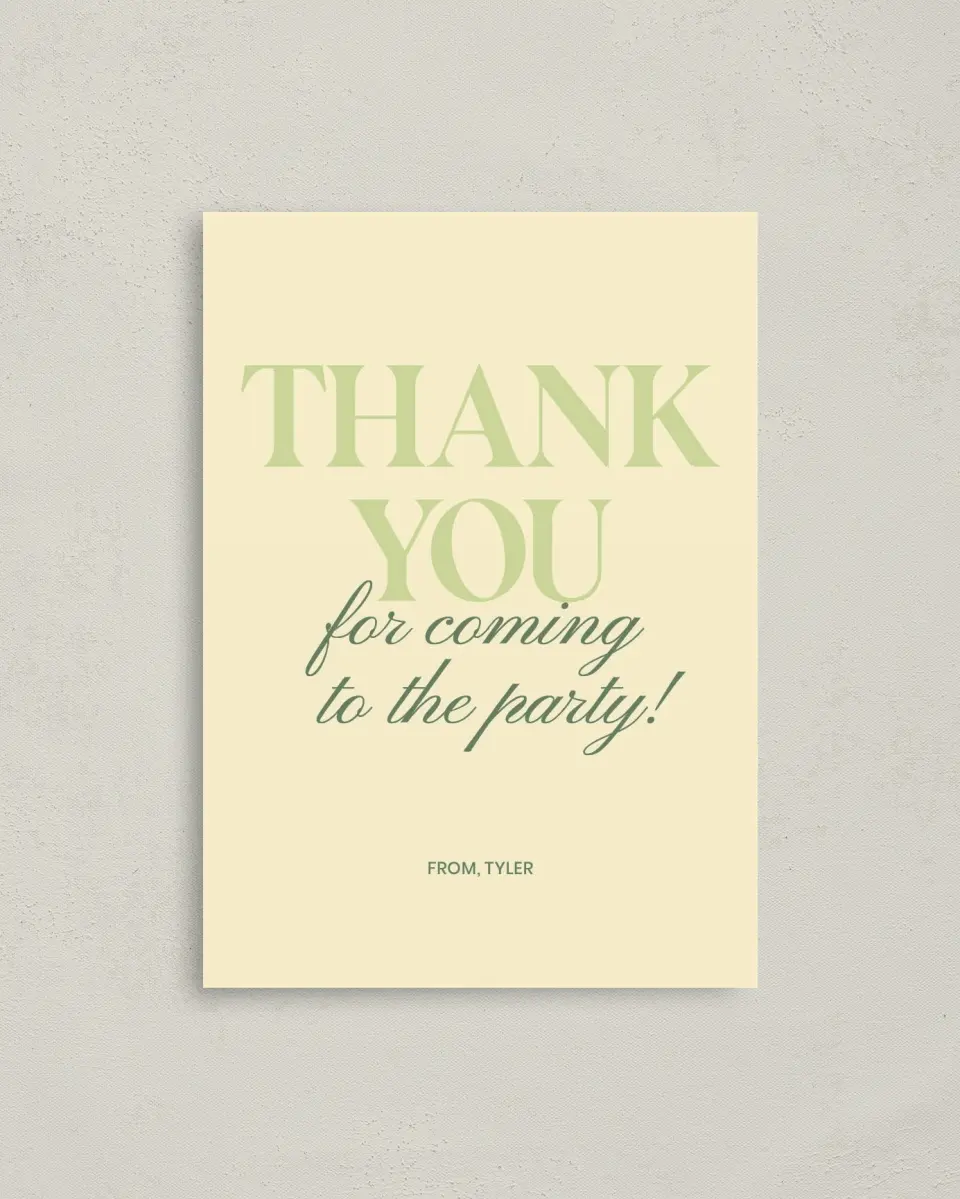 This is a 4" x 5.6" Thank You Card called Surprise Party! printed in full color on Soft Touch Finish paper