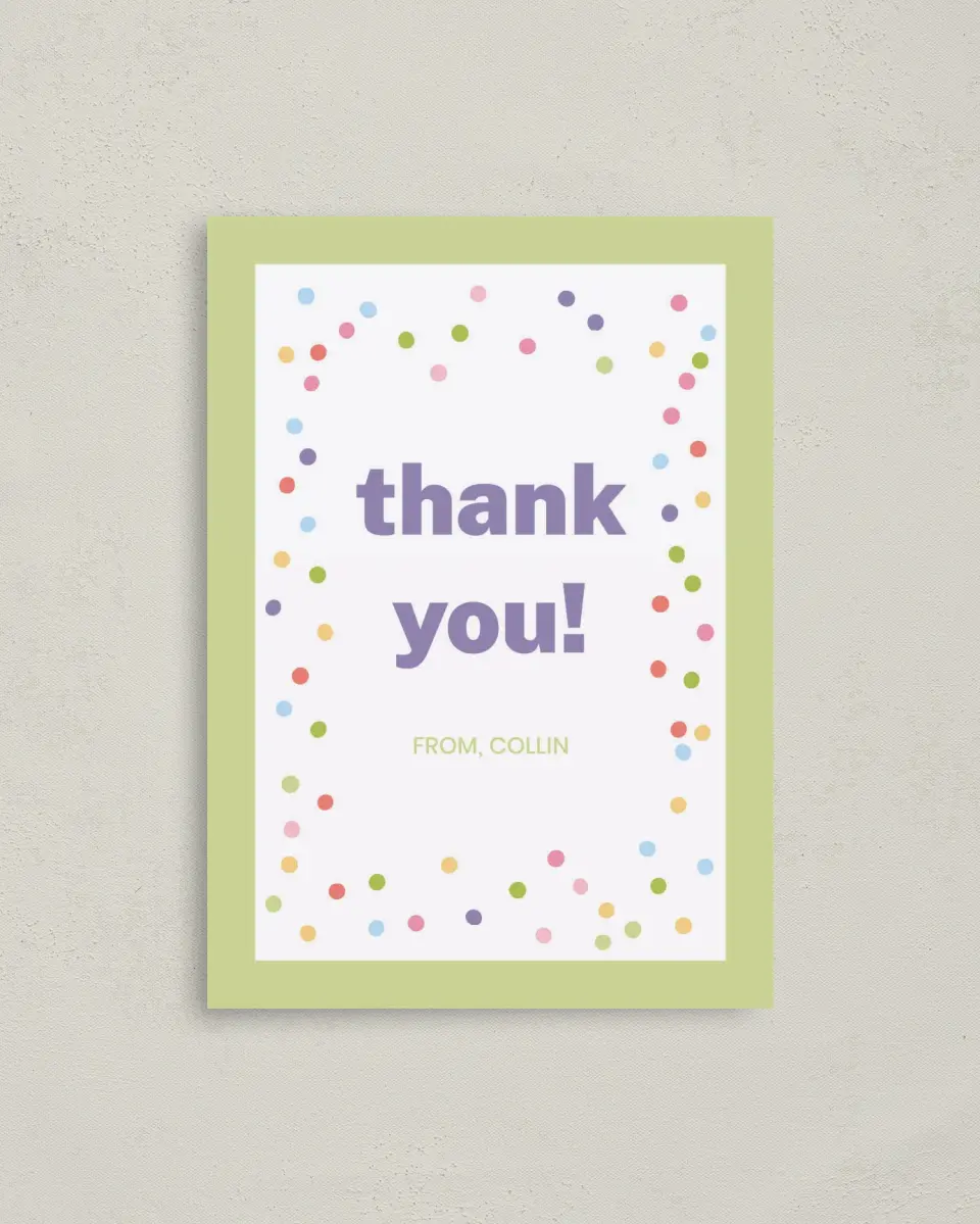 This is a 4" x 5.6" Thank You Card called Confetti Fun printed in full color on Soft Touch Finish paper
