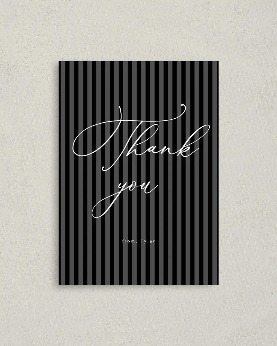 This is a 4" x 5.6" Thank You Card called One Year Older printed in full color on Soft Touch Finish paper