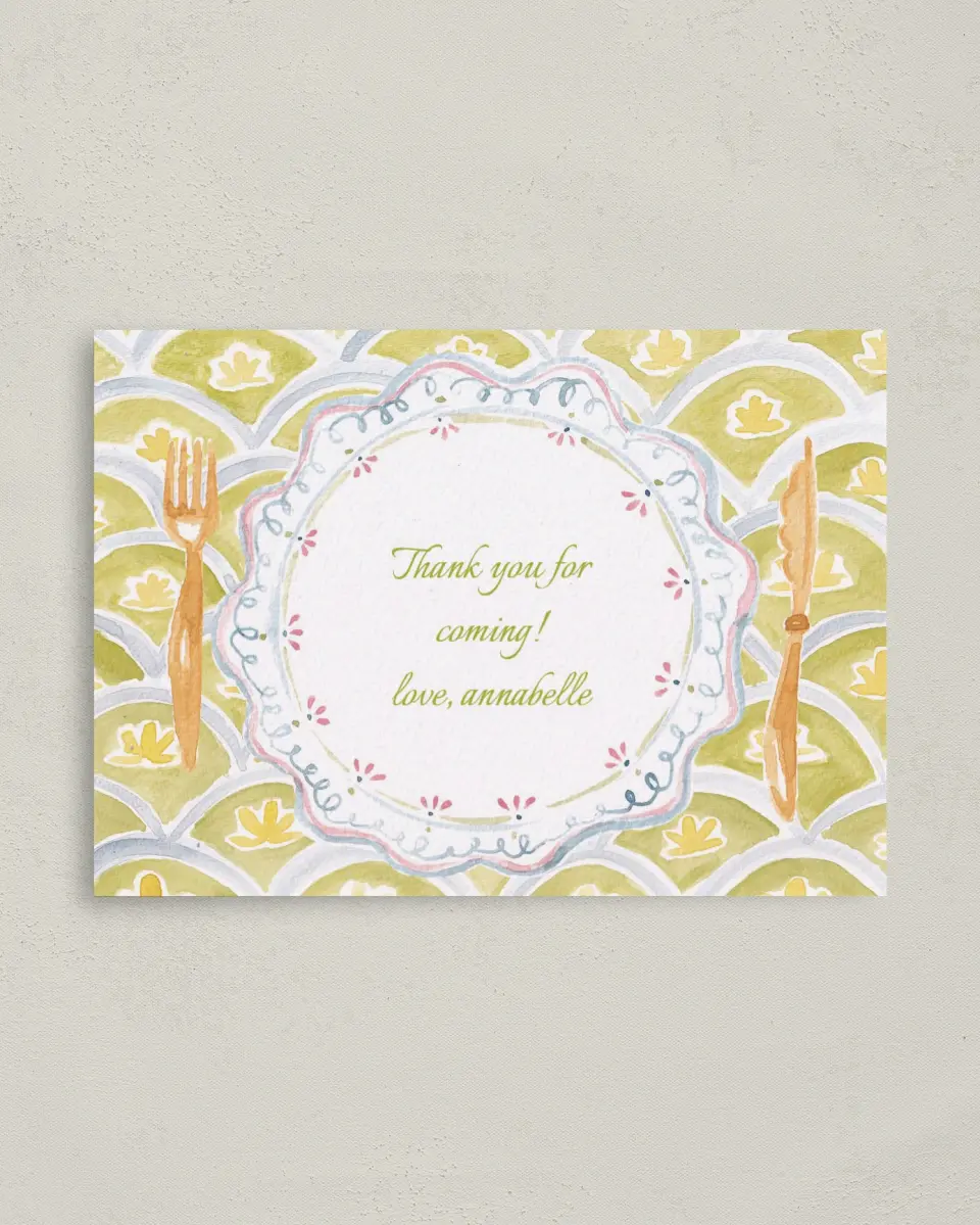 This is a 4" x 5.6" Thank You Card called Wine and Dine printed in full color on Soft Touch Finish paper