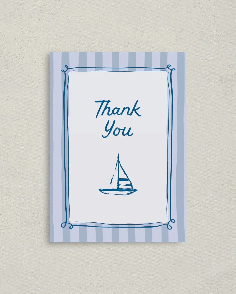 This is a 4" x 5.6" Graduation Thank You Postcard called Ahoy Baby printed in full color on Soft Touch Finish paper