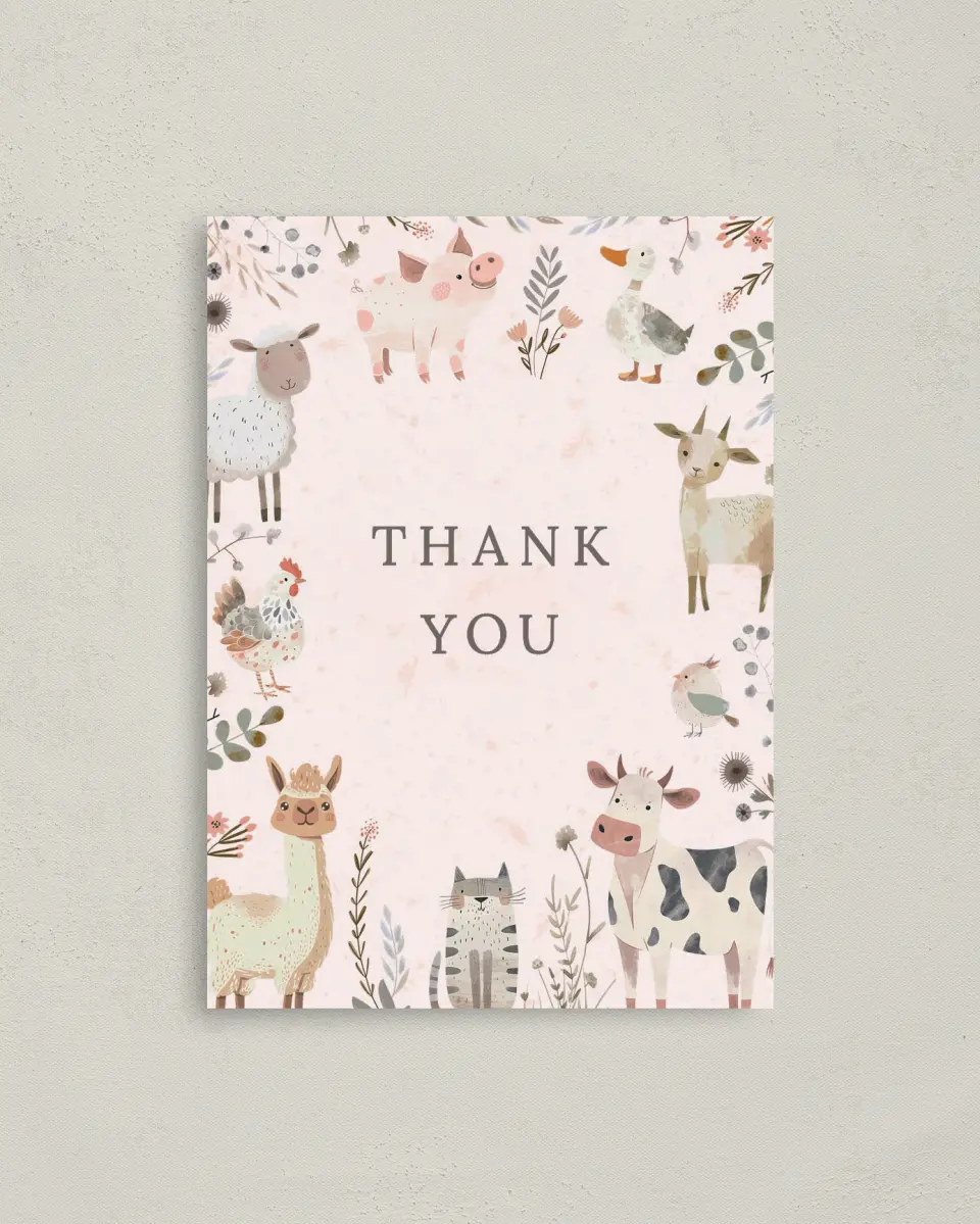 This is a 4" x 5.6" Graduation Thank You Postcard called Barnyard Baby printed in full color on Soft Touch Finish paper