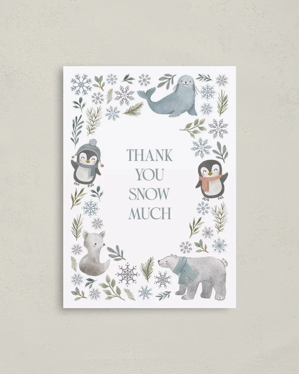 This is a 4" x 5.6" Graduation Thank You Postcard called Arctic Animals printed in full color on Soft Touch Finish paper