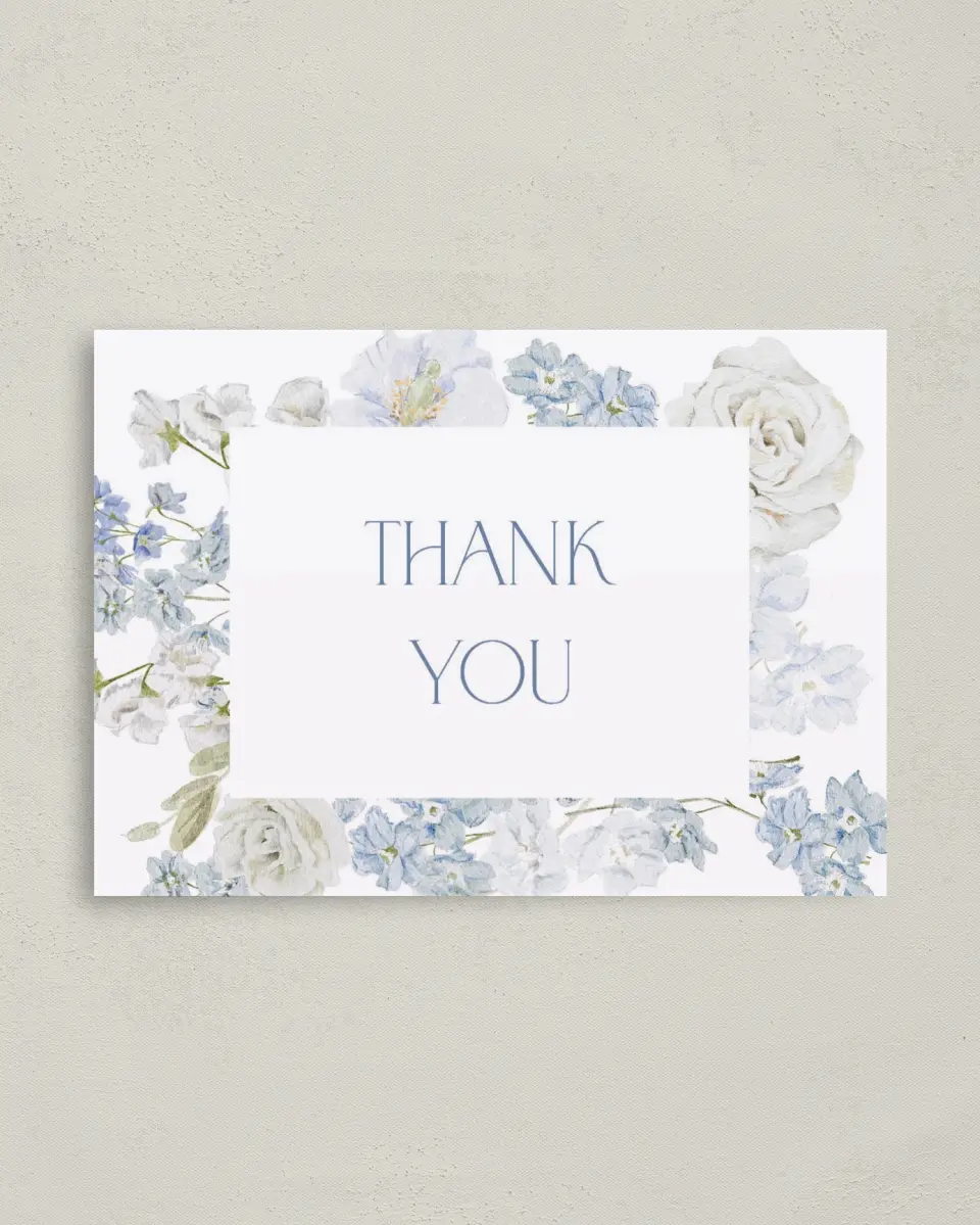 This is a 4" x 5.6" Graduation Thank You Postcard called Darling Delphinium printed in full color on Soft Touch Finish paper
