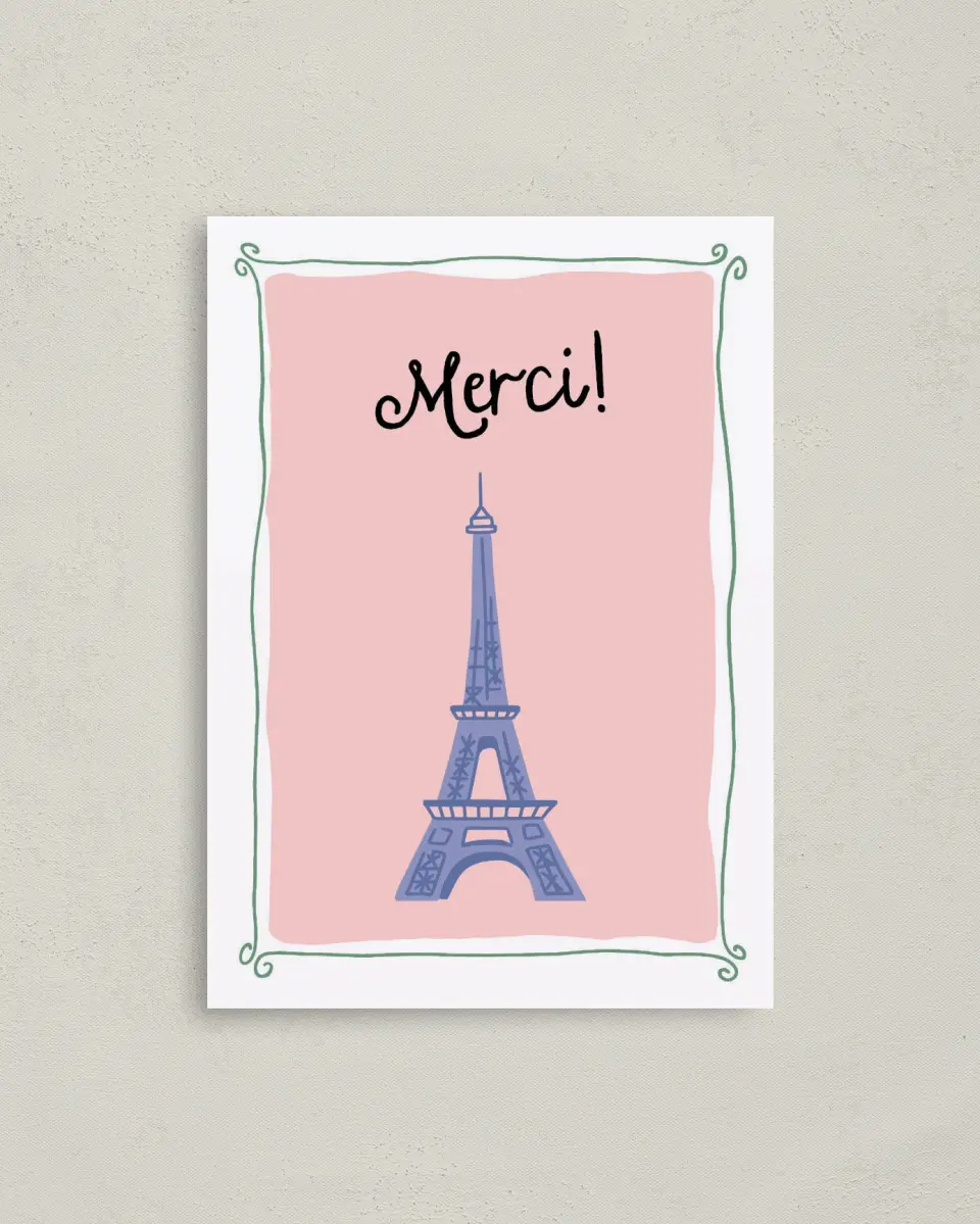This is a 4" x 5.6" Graduation Thank You Postcard called Bonjour Bebe printed in full color on Soft Touch Finish paper
