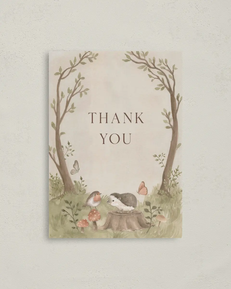 This is a 4" x 5.6" Graduation Thank You Postcard called Enchanting Forest printed in full color on Soft Touch Finish paper