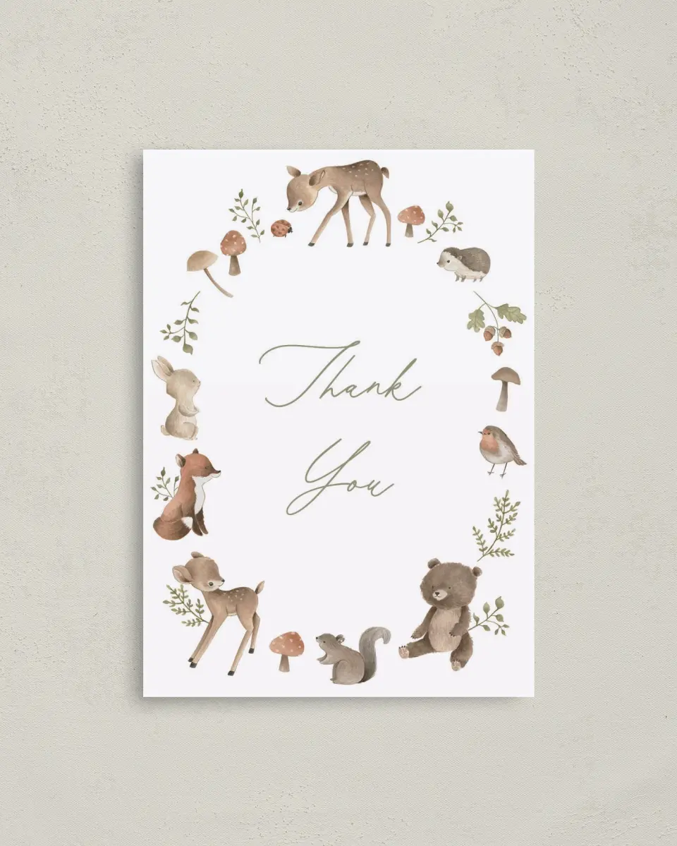 This is a 4" x 5.6" Graduation Thank You Postcard called Woodland Wonder printed in full color on Soft Touch Finish paper