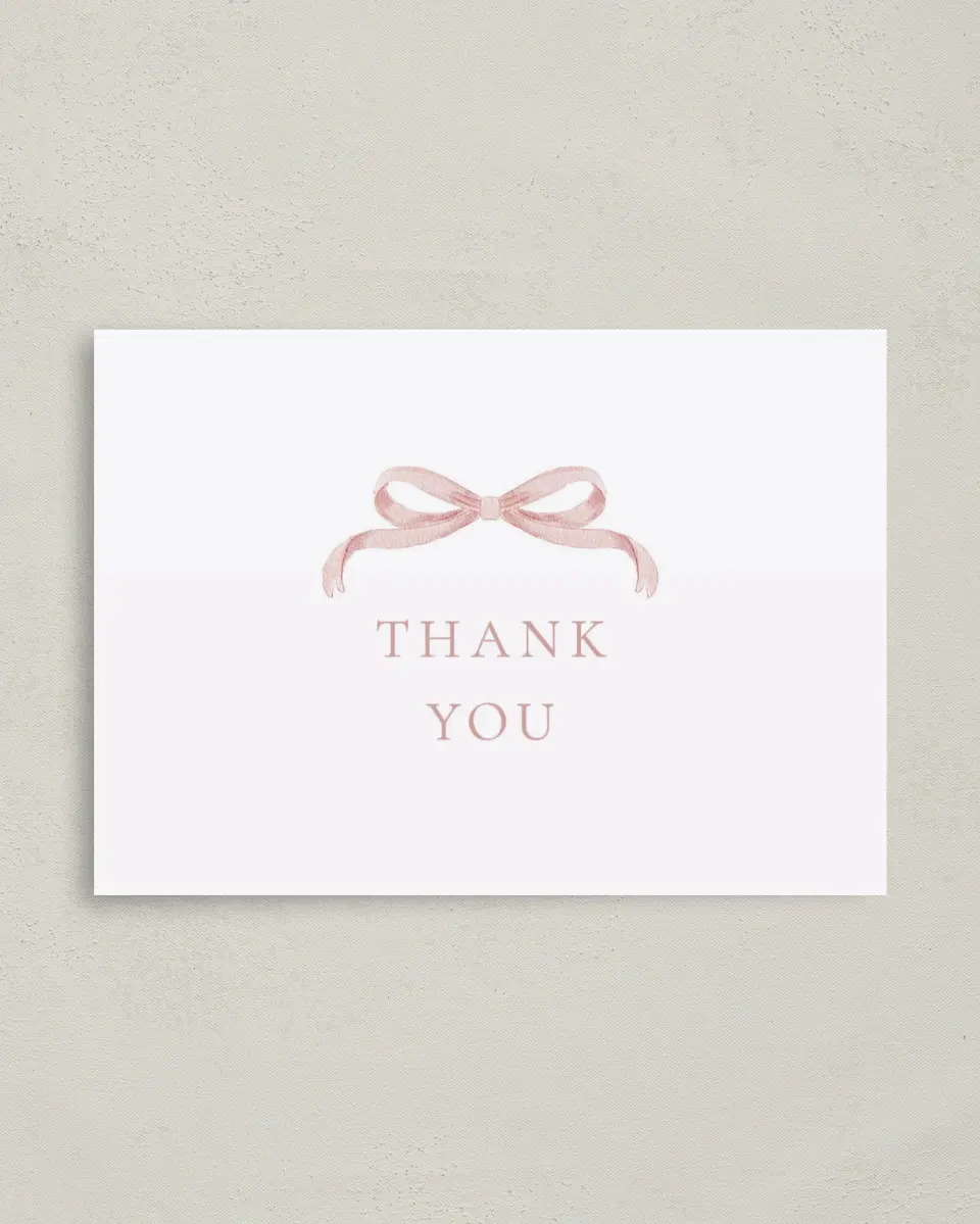 This is a 4" x 5.6" Graduation Thank You Postcard called Bitty Bow printed in full color on Soft Touch Finish paper