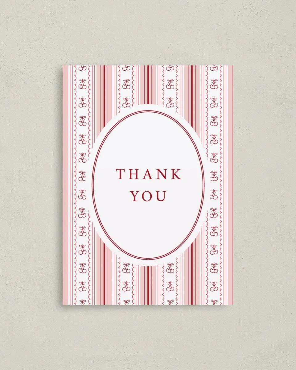 This is a 4" x 5.6" Graduation Thank You Postcard called Coquette Cherries printed in full color on Soft Touch Finish paper