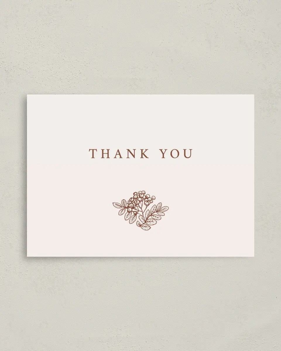 This is a 4" x 5.6" Thank You Postcard called Autumn Vow printed in full color on Soft Touch Finish paper