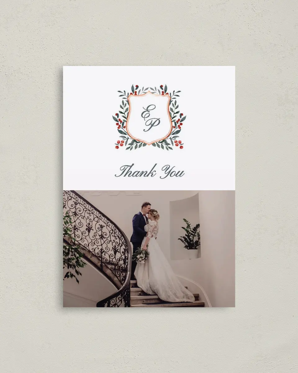This is a 4" x 5.6" Thank You Postcard called Heirloom Holly printed in full color on Soft Touch Finish paper