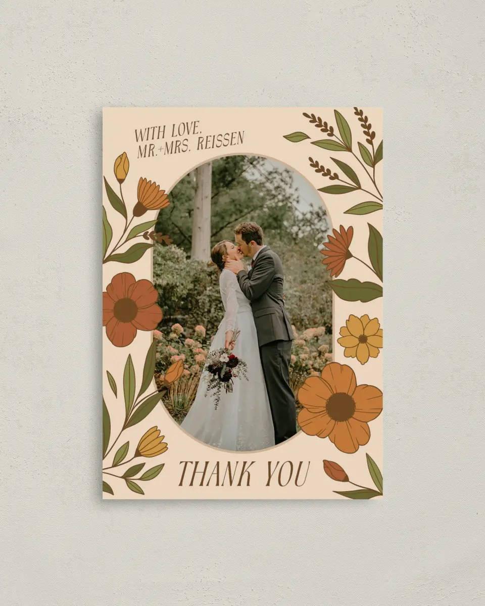 This is a 4" x 5.6" Thank You Postcard called Wild + Bright printed in full color on Soft Touch Finish paper