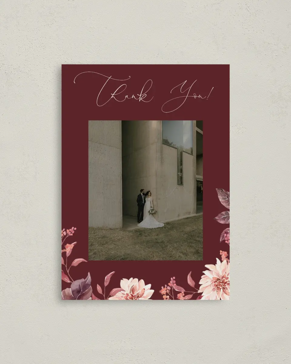 This is a 4" x 5.6" Thank You Postcard called Fall Florals printed in full color on Soft Touch Finish paper