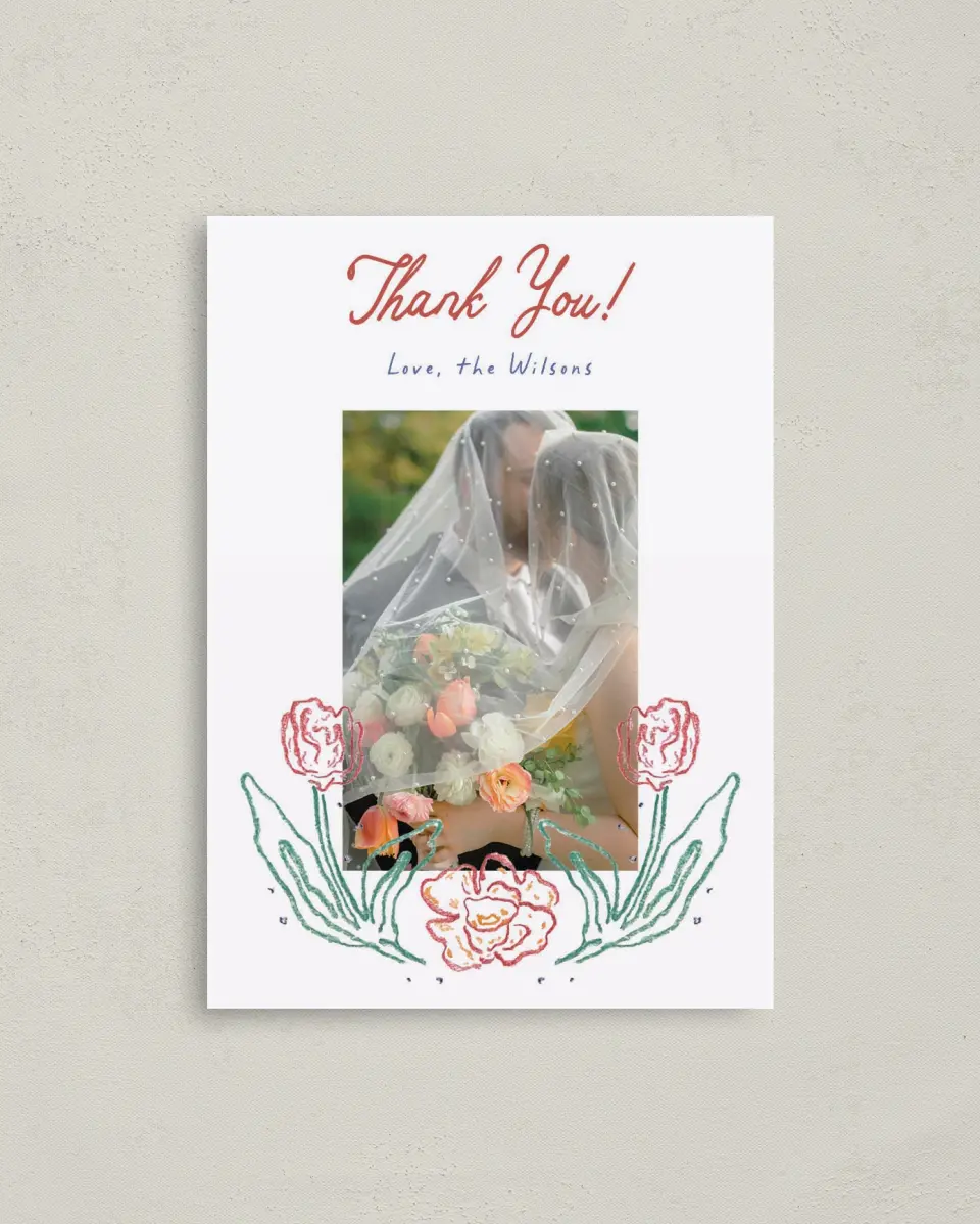 This is a 4" x 5.6" Thank You Postcard called Whimsy Love printed in full color on Soft Touch Finish paper